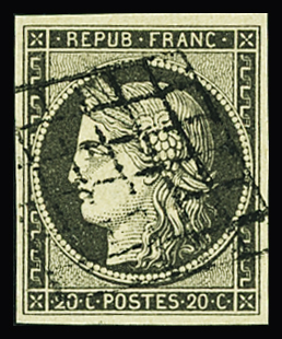 N°3i 20c gris obl. grille, TTB. Signé Scheller