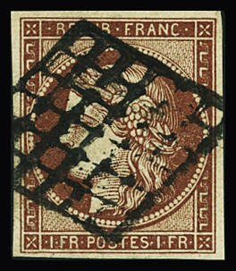 N°6B 1f carmin-brun, obl. grille propre, TTB. Signé