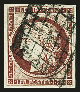 N°6B 1f carmin-brun, obl. grille propre, TTB. Signé