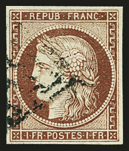 N°6B 1f carmin-brun, obl. grille propre, TTB. Signé