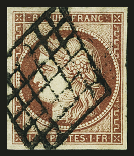 N°6A 1f rouge-brun, obl. grille, SUP. Signé Scheller