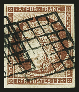 N°6A 1f rouge-brun, obl. grille, TTB. Signé Scheller