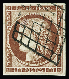 N°6A 1f rouge-brun, obl. grille propre, SUP. Signé