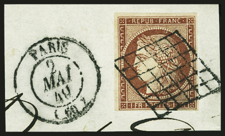 N°6A 1f rouge-brun, obl. grille sur fragment, TB. Signé