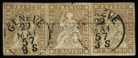 5Rp. graubraun, dünnes Papier, waagr. Dreierstreifen,