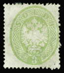 1863 3S Yellow-green, perf. 14, unused with part of