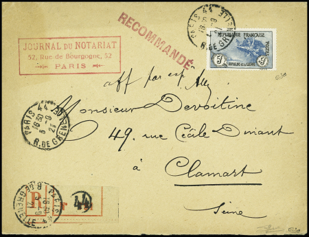 N°155 5f +5f Orphelins de guerre, sur enveloppe recommandée