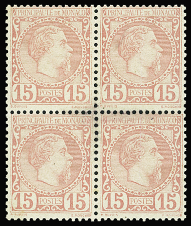 N°5 15c rose en bloc de 4, neuf  **, petite tâche,