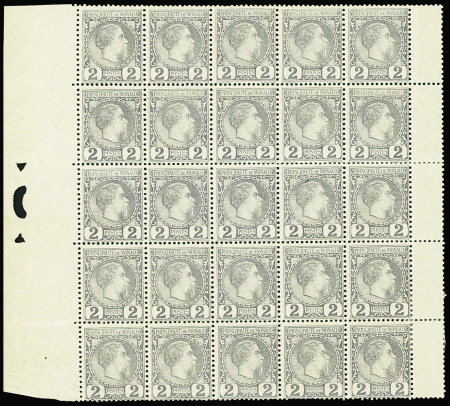 N°2 2c violet-gris, en panneau complet de 25 exemplaires,