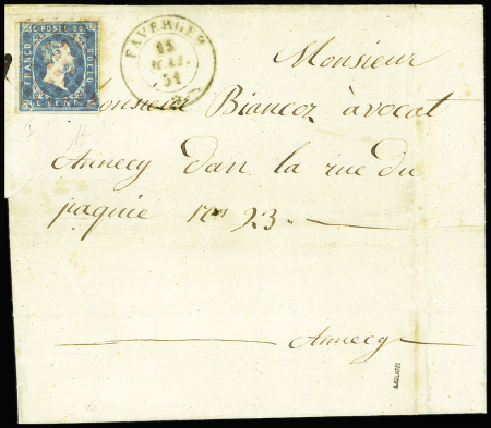 FAVERGES 1851 Rarissime grille ROUGE sur n°2 de Sardaigne