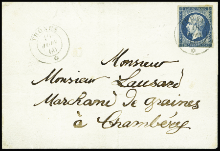 THONES 1860 France n°14, au filet en bas, obl. càd