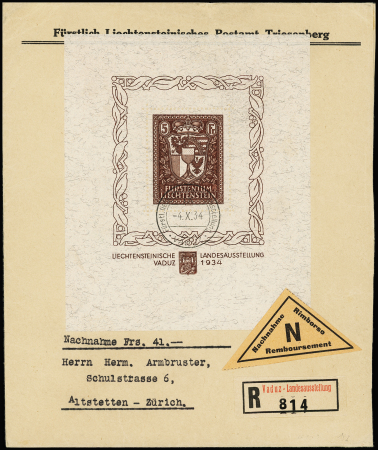 1934 Vaduz-Block 5Fr. mit Sonderstempel der Ausstellung