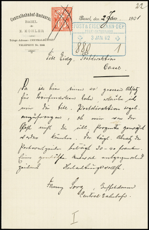 1894-99 10C zinnober mit Federstrichen entwertet auf