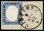 1855 Sardinia 20C blue (Sass. 15Da) tied onto small