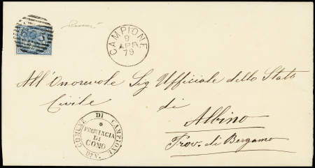 1877 Italy 10c Blue cancelled by barred "605" postmark