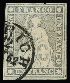 1Fr. dunkelgrau, DÜNNES PAPIER, allseits weissrandig,