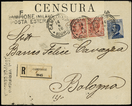 1916 Registered cover from Campione to Bologna bearing
