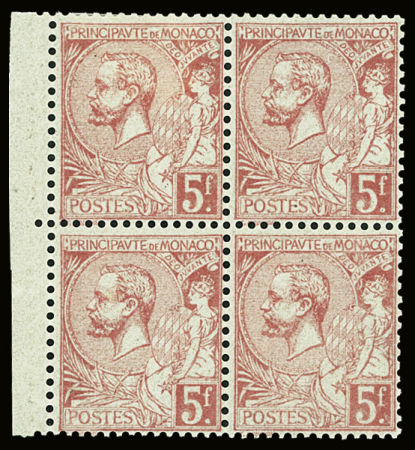 N°21 5f rose vif sur verdâtre en bloc de 4, Bdf, neuf