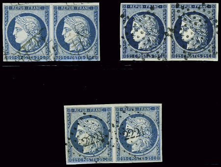 3 nuances en paires : N°4 25c bleu, 4a bleu foncé,