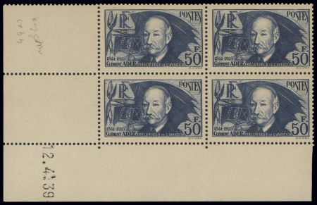 N°398 en bloc de 4 et coin daté du 12.04.39, neuf **,