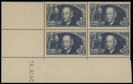 N°398 en bloc de 4 et coin daté du 18.04.40, neuf **,