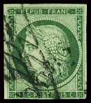 N°2 15c vert, obl. grille sans fin, une marge touchée.