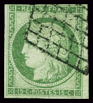 N°2 15c vert, obl. grille, une marge touchée. Signé