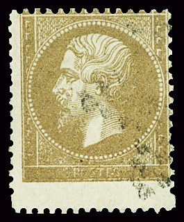 N°21 10c bistre, obl., piquage décalé avec grande marge