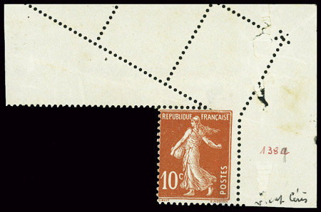N°138a Semeuse 10c rouge (IA), piquage oblique par