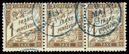 N°25 1f marron, en bande de 3, obl. CaD bleu, TB