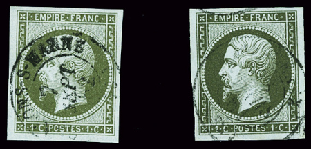 Deux N°11 1c olive, obl. CaD type 15, dont un Châlons-