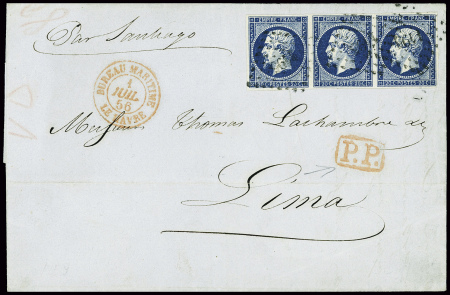 Bande de trois n°14 sur lettre pour Lima (Pérou) routage