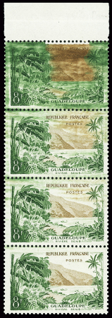 N°1125 Guadeloupe, bande de 4 avec variété spectaculaire