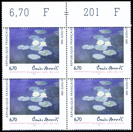 N°3247 Claude Monet, en bloc de 4 avec variété de piquage