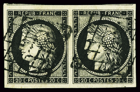 N°3 20c noir, en paire obl. grille, + voisin, TB