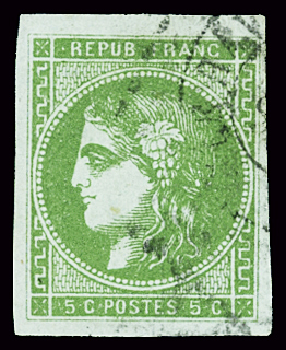 N°42Ba 5c vert jaune, obl, TB, Signé Calves