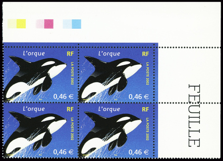 N°3487 l'orque en bloc de 4 avec variété couleur bleu