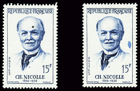 N°1144 Nicolle, deux timbres avec une variété point