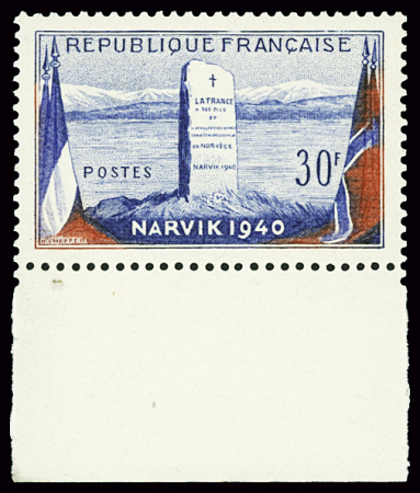 N°922 30f Narvik, variété non émise avec le rouge sur