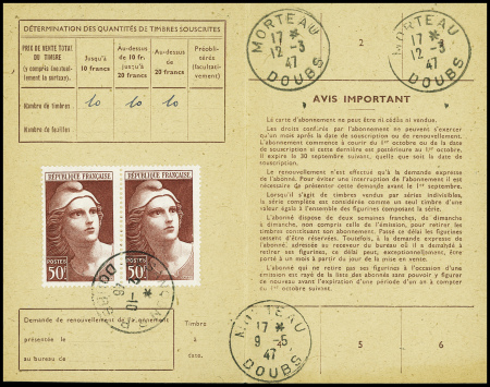 N°732 50F Gandon brun-rouge en paire obl Besancon 