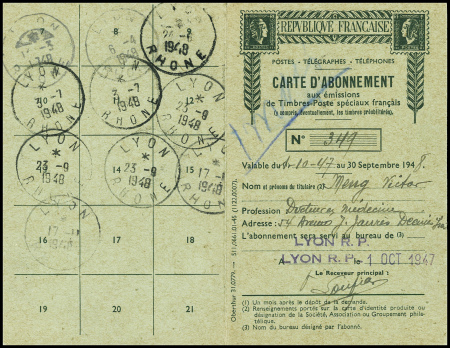 PA n°19 obl CAD A4 de Lyon (1947) sur carte d'abon