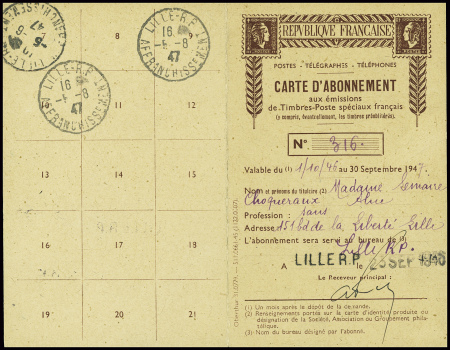 N°733 100F Gandon obl Lille (1946) sur carte d'abo