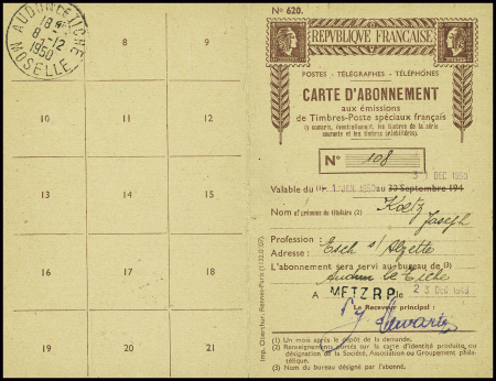 PA n°27 obl Metz RP (1949) sur carte d'abonnement 