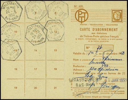 PA n°27 obl Strasbourg RP (1952) sur carte d'abonn