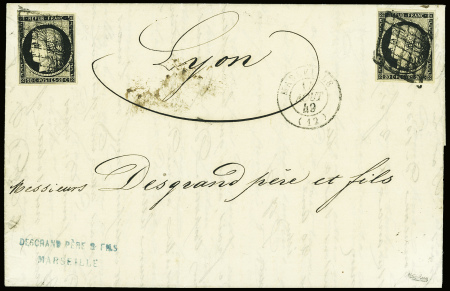 N°3 20c noir sur blanc, 2 pièces obl grille + T15