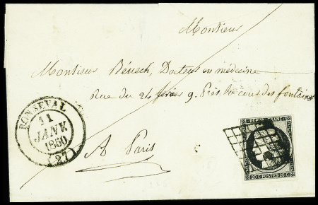 N°3 obl grille + T14 "Bonneval (27)" (1850) sur le