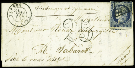 N°4 touché, obl grille sur lettre avec T15 "Tarbes