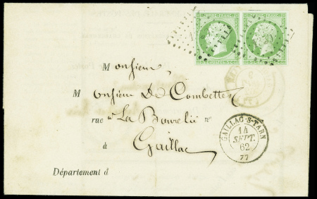 N°12 5c vert-jaune en paire obl PC 1359 + T15 Gail