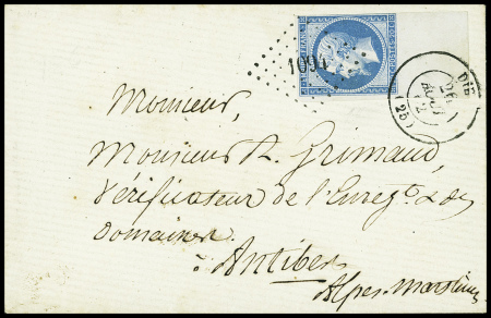 N°14 20c bleu, avec grand BDF inférieur obl PC 109