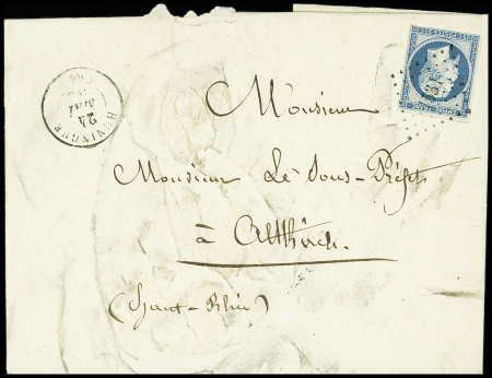N°15 25c bleu, obl PC 1531 + T15 Huningue (1854) s